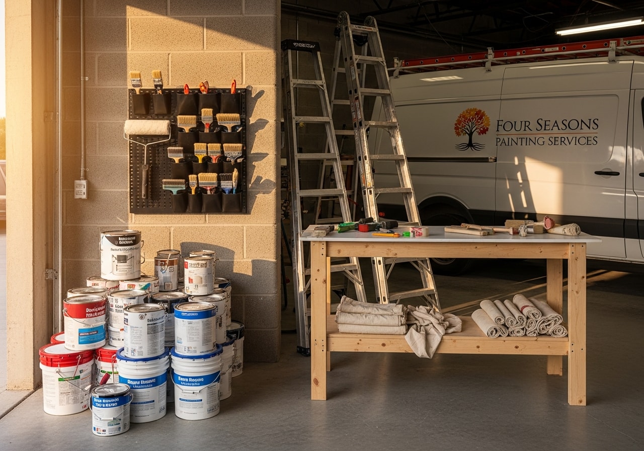 Painting crew with professional equipment and supplies ready for interior or exterior work.