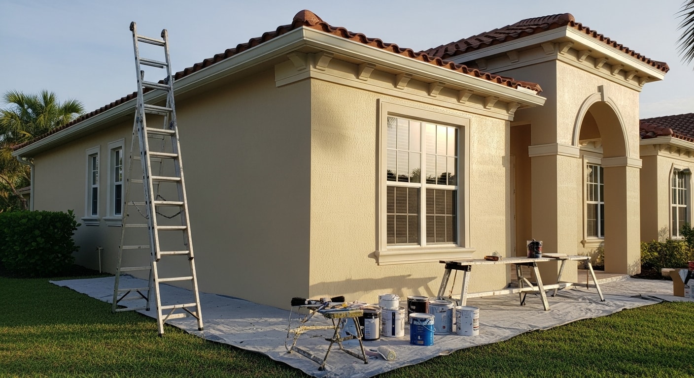 Professional painter applying exterior paint to home in Naples