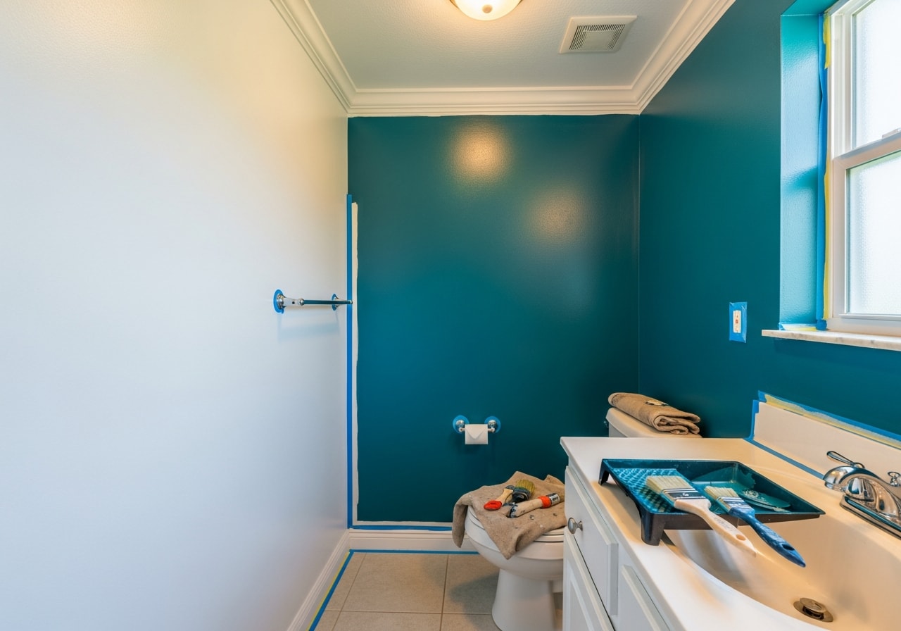 Bathroom with teal accent wall and white walls, finished trim, in Naples home