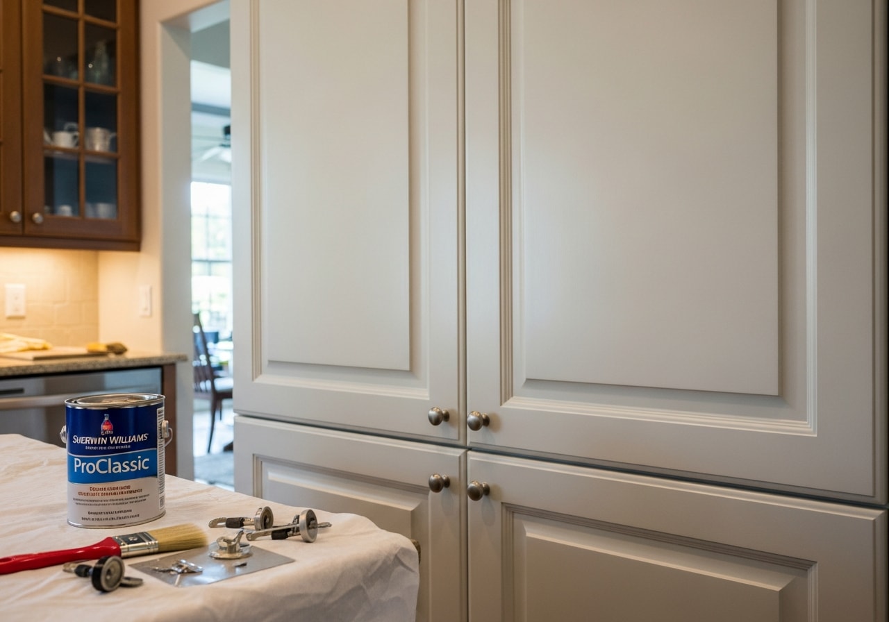 Refinished kitchen cabinets with semi-gloss finish, hardware reinstalled, in Naples kitchen