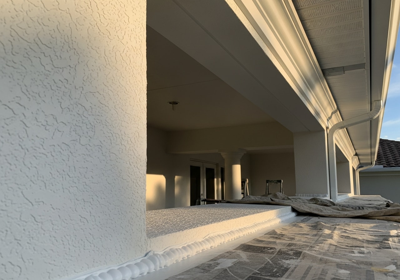 Lanai with fresh exterior paint, repaired trim, and finished columns in Naples home