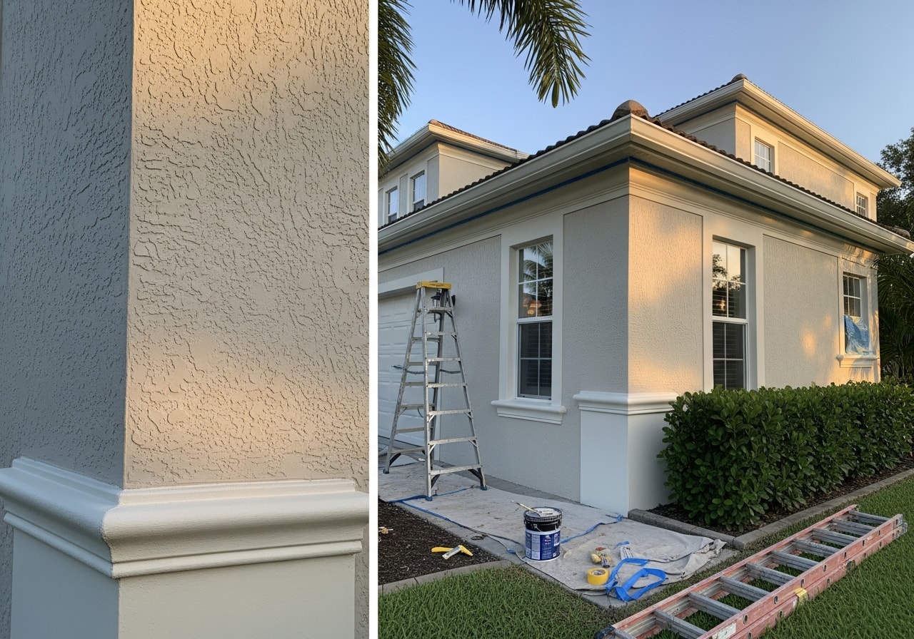 Two-story home with fresh exterior paint, clean lines, and properly finished trim in Naples