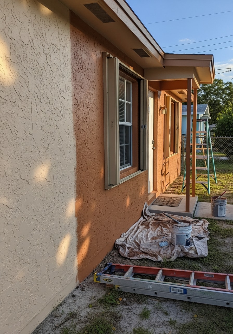 Immokalee homeowner and service professional discussing property maintenance in front of a residential home, showing our local community presence.