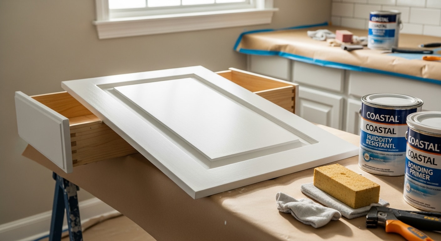Freshly painted white kitchen cabinets in a Naples, Florida home with a smooth, even finish on the doors and drawer fronts. Cabinet frames show clean edges and no visible brush marks after professional painting.