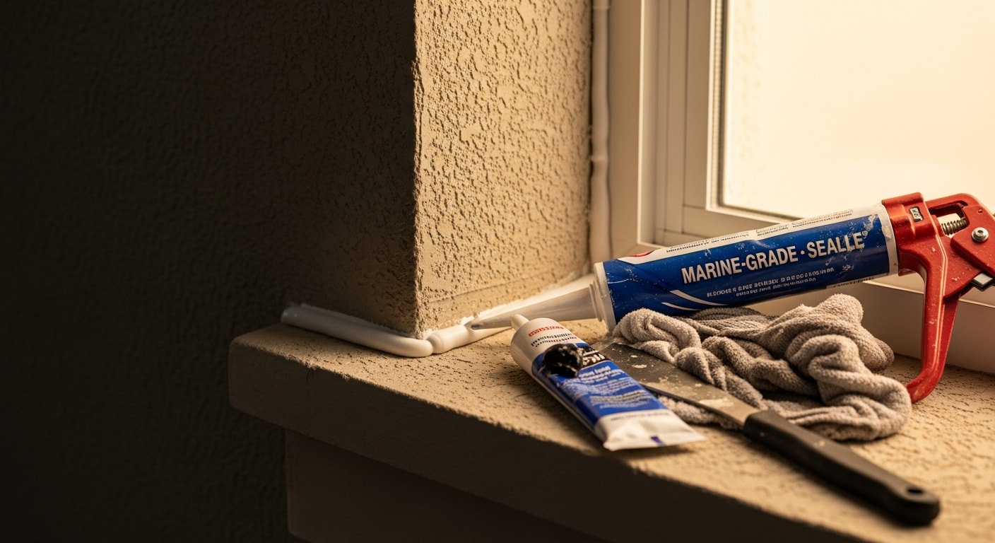 A handyman applying a smooth bead of sealant around a window frame on the stucco exterior of a Naples, Florida home. Fresh caulk lines are visible along the trim joint, with a caulk gun resting nearby on the work surface.