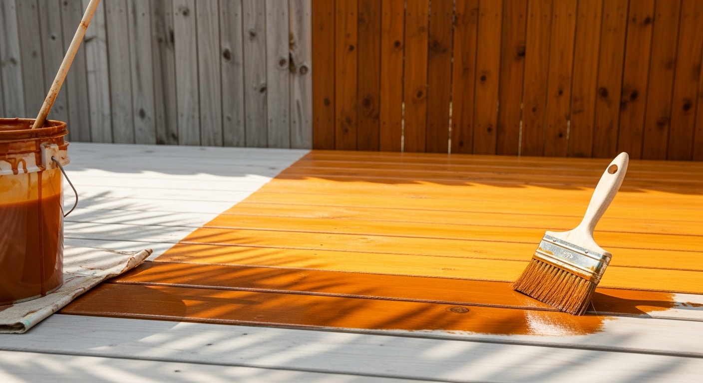 A freshly stained wood deck with even, rich brown tones on a Naples, Florida residential property, showing clean grain and no signs of graying or weathering. A wood privacy fence along the property line displays the same uniform stain finish under bright Florida sunlight.