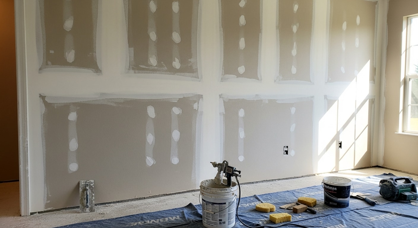 A freshly textured interior wall in a Naples, Florida home showing a uniform knockdown finish ready for paint. The surface is smooth and consistent with no visible patch lines or seams.