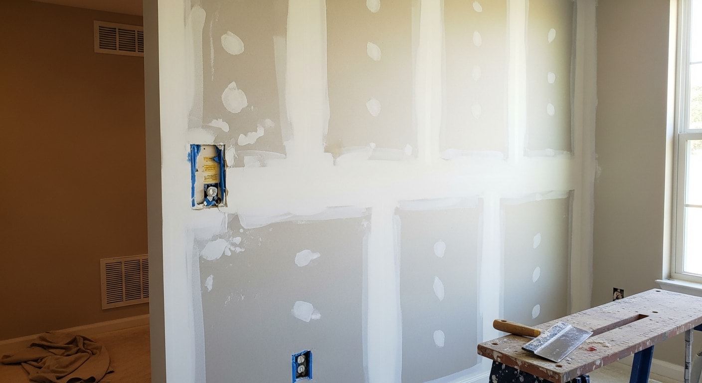 A Naples, Florida interior wall showing freshly installed and finished drywall panels replacing a section damaged by water intrusion. The repaired surface is smooth, primed, and ready for paint alongside the undamaged surrounding wall.